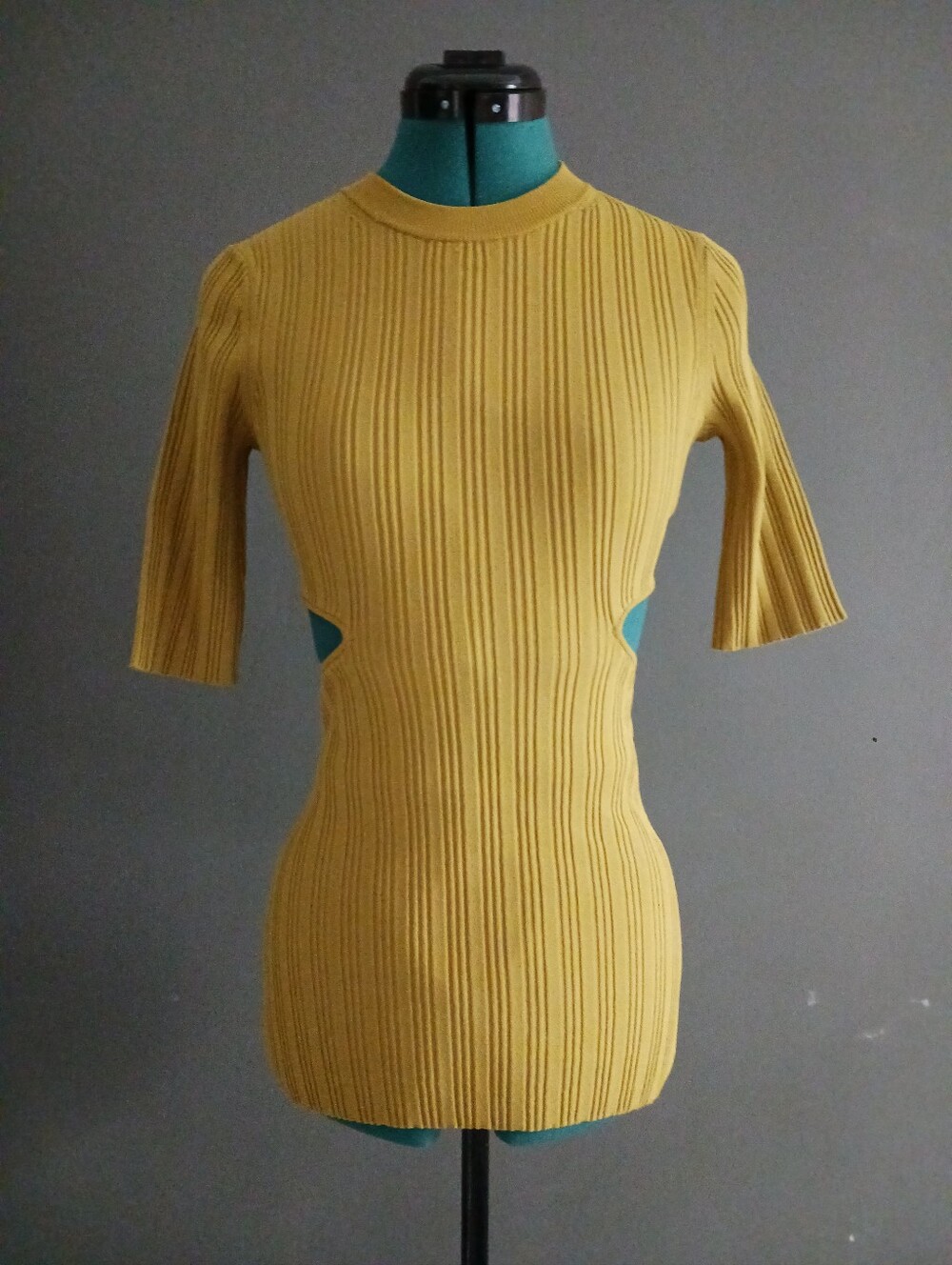 Proenza Schouler White Label Cutout  Ribbed Short-Sleeve KnitTop,mustard, XS